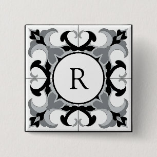 Black and White Spanish Style with Initial 15 Cm Square Badge