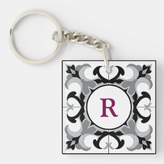 Black and White Spanish Style with Initial Key Ring