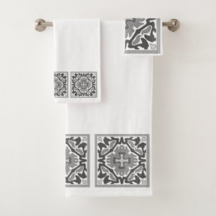 Black and White Spanish Tiles Bath Towel Set