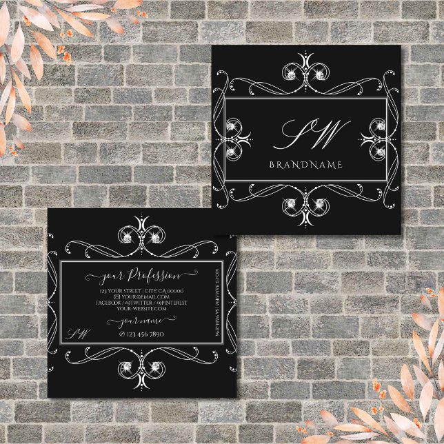 Black and White Sparkle Jewels Initials Ornaments Square Business Card (Creator Uploaded)