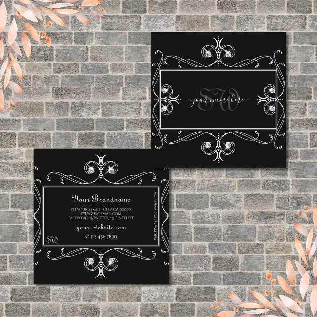 Black and White Sparkle Jewels Monogram Ornaments Square Business Card (Creator Uploaded)