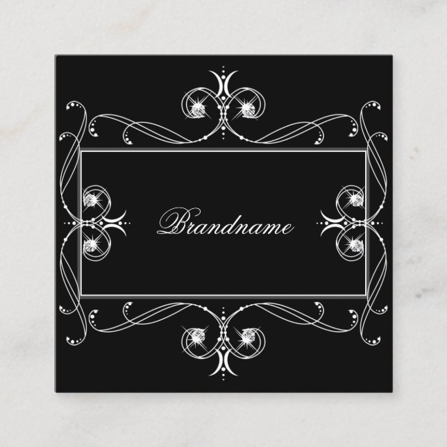 Black and White Sparkle Jewels Ornate Ornaments Square Business Card (Front)