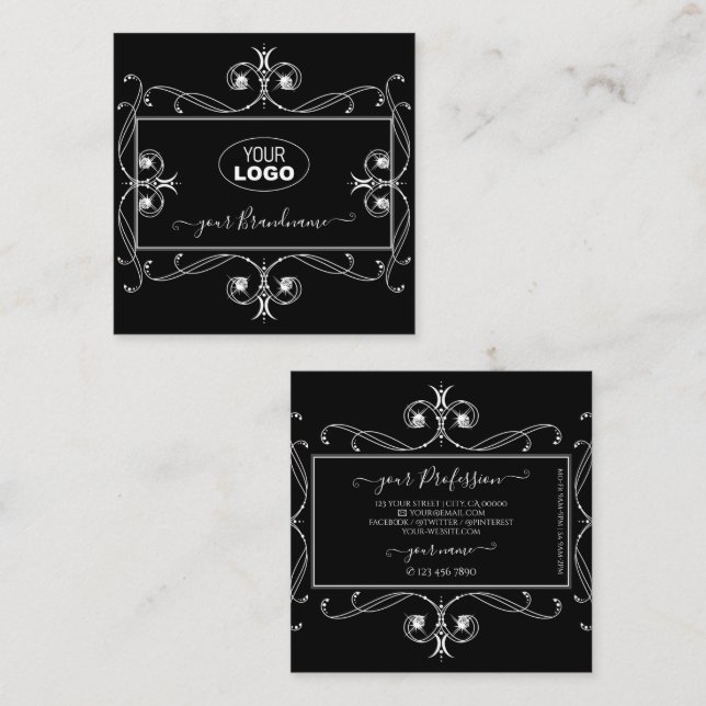 Black and White Sparkle Jewels with Logo Ornaments Square Business Card (Front/Back)