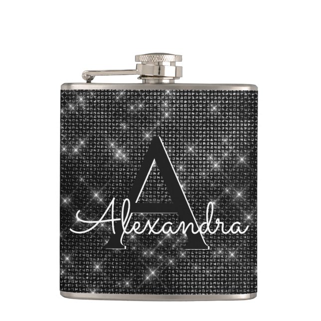 Black and White Sparkle Monogram & Initial Hip Flask (Front)