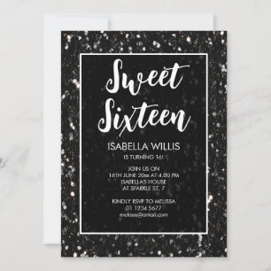Black and white sparkles Sweet 16 elegant script Invitation