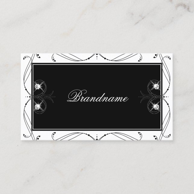 Black and White Sparkling Diamonds Elegant Ornate Business Card (Front)