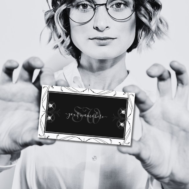 Black and White Sparkling Diamonds Monogram Ornate Business Card (Creator Uploaded)