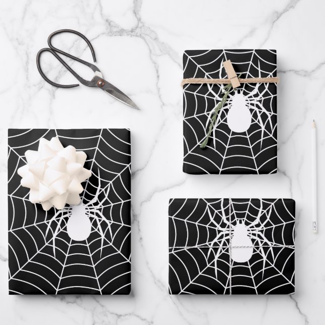 Black and White spider on web Halloween pattern Wrapping Paper Sheet (Front)