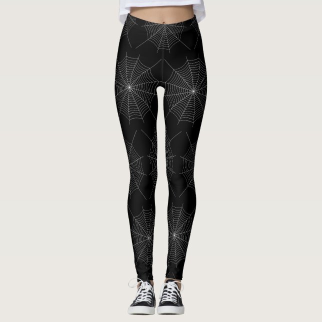 Black and White spider web Halloween pattern Leggings (Front)