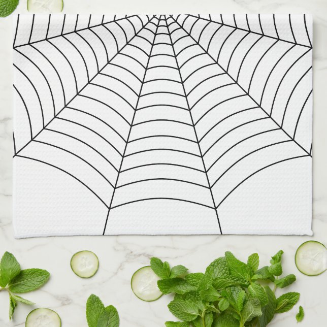 Black and White spider web Halloween pattern Tea Towel (Folded)