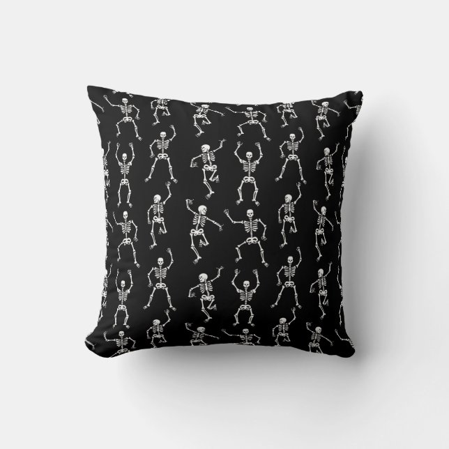 Black and White Spooky Dancing Skeletons Cushion (Front)