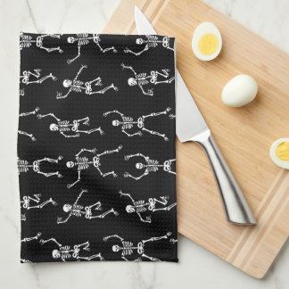 Black and White Spooky Dancing Skeletons Tea Towel