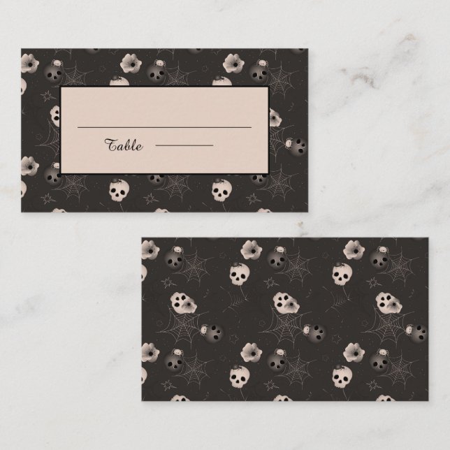 Black and White Spooky Halloween Skulls Pattern Place Card (Front/Back)