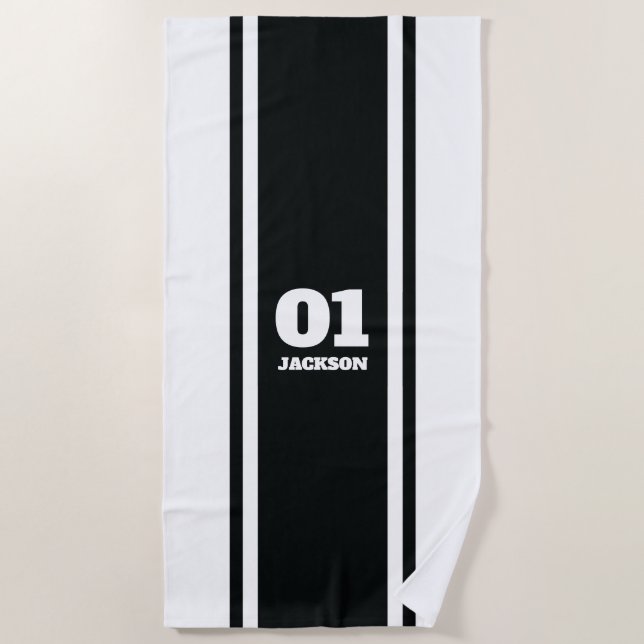 Black and White Sports Stripe Name & Number Beach Towel (Front)