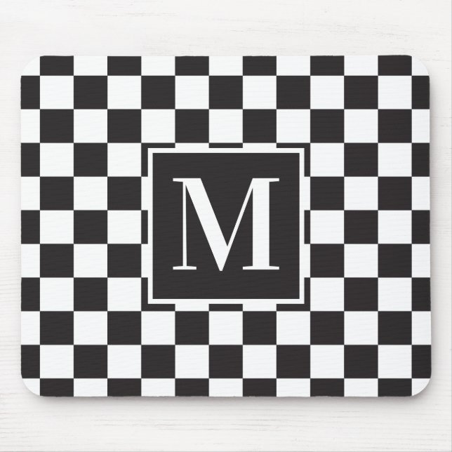 Black And White Sporty Chic Checkerboard Monogram Mouse Pad (Front)