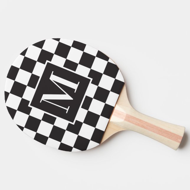 Black And White Sporty Chic Chequerboard Monogram Ping Pong Paddle (Back Side)