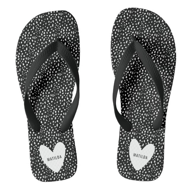 Black and white spot with heart personalised jandals (Footbed)