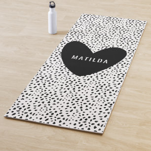 Black and white spot with heart personalised yoga mat