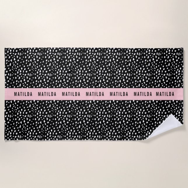 Black and white spot with pink stripe personalised beach towel (Front)