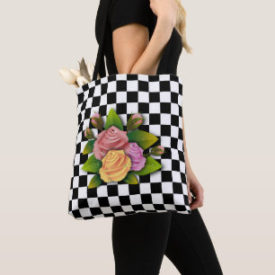 Black And White Square And Roses Tote Bag