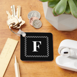 Black and White Square Border Monogram Initials Key Ring