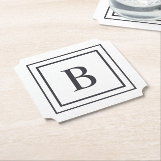 Black And White Square Border Monogram  Paper Coaster