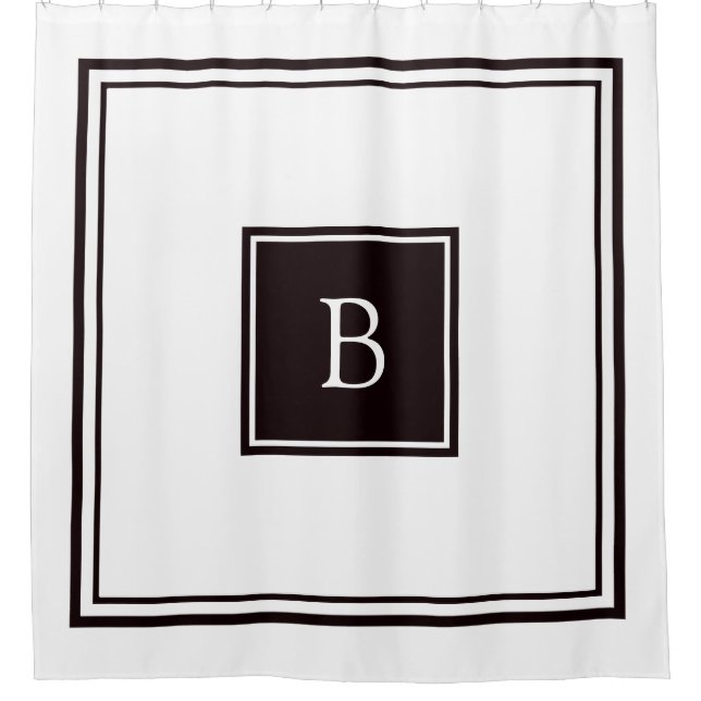 Black and White Square Frame Monogram Shower Curtain (Front)