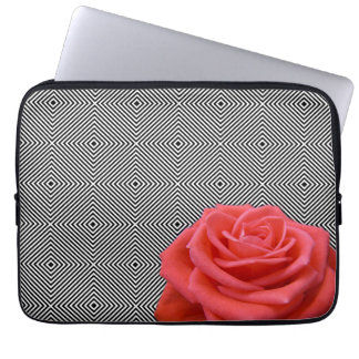 Black and White Squares and Pink Rose Laptop Sleeve