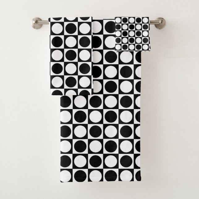 Black and White Squares and Polka Dots Bath Towel Set (Insitu)