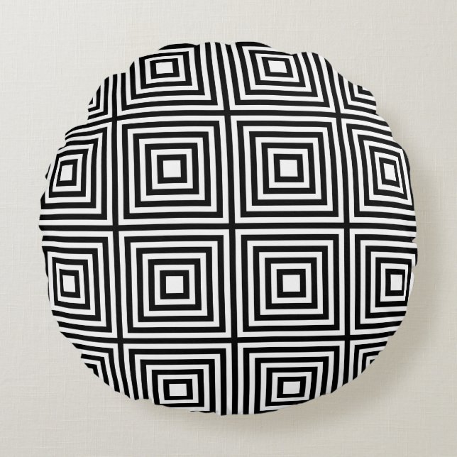 Black and White Squares in Squares Round Cushion (Front)