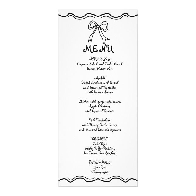 Black and white squiggle bow wedding menu card (Front)