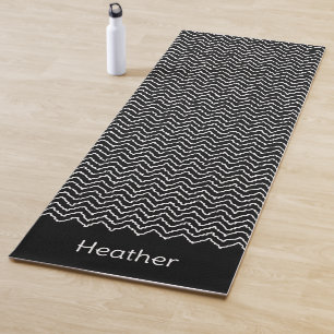 Black And White Squiggly Chevron Zigzag With Name Yoga Mat
