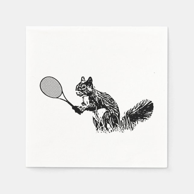 Black and White Squirrel With Tennis Racquet Napkin (Front)