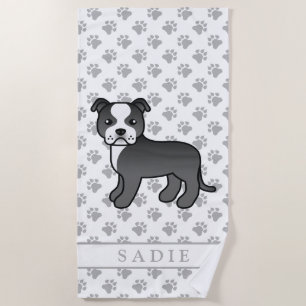 Black And White Staffie Cute Cartoon Dog & Name Beach Towel