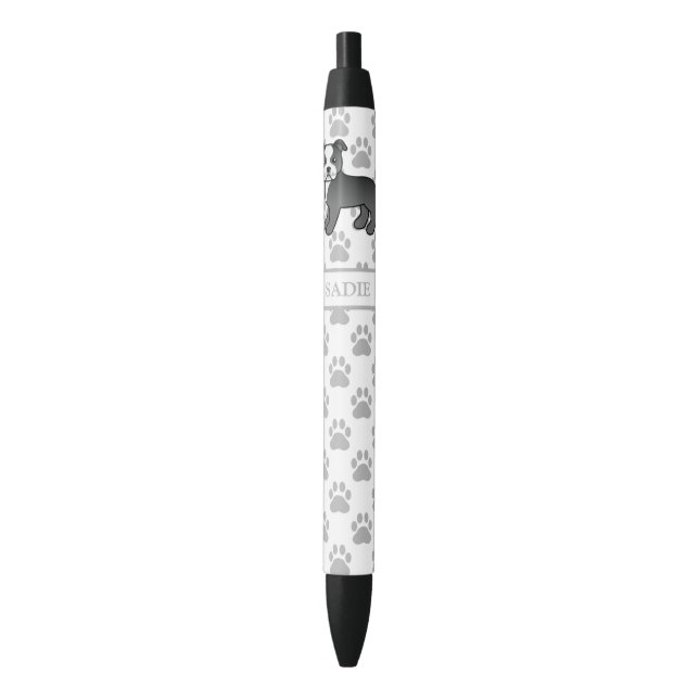 Black And White Staffie Cute Cartoon Dog & Name Black Ink Pen (Front Vertical)