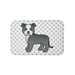 Black And White Staffie Cute Cartoon Dog & Paws Bath Mat