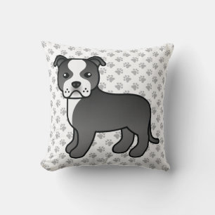 Black And White Staffie Cute Cartoon Dog & Paws Cushion
