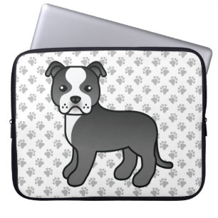 Black And White Staffie Cute Cartoon Dog & Paws Laptop Sleeve