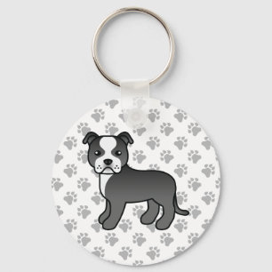 Black And White Staffordshire Bull Terrier Dog Key Ring