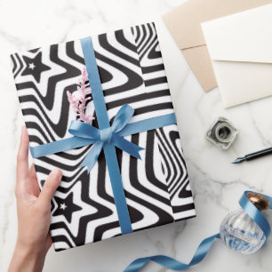black and white star illusion wrapping paper