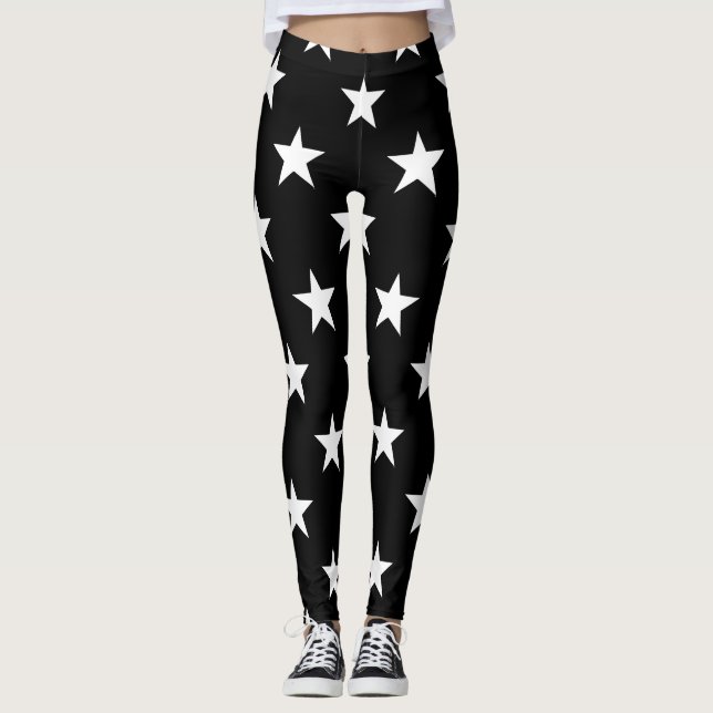 Black and White Star Pattern Simple Modern Trendy Leggings (Front)