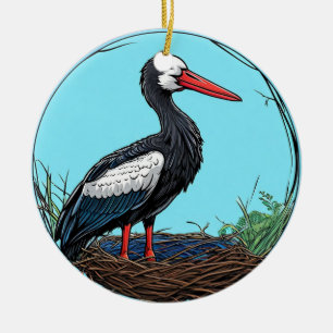 Black and White Stork Standing on Nest Ceramic Tree Decoration