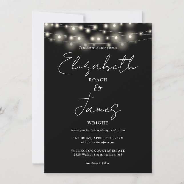 Black And White String Lights Chic Script Wedding Invitation (Front)