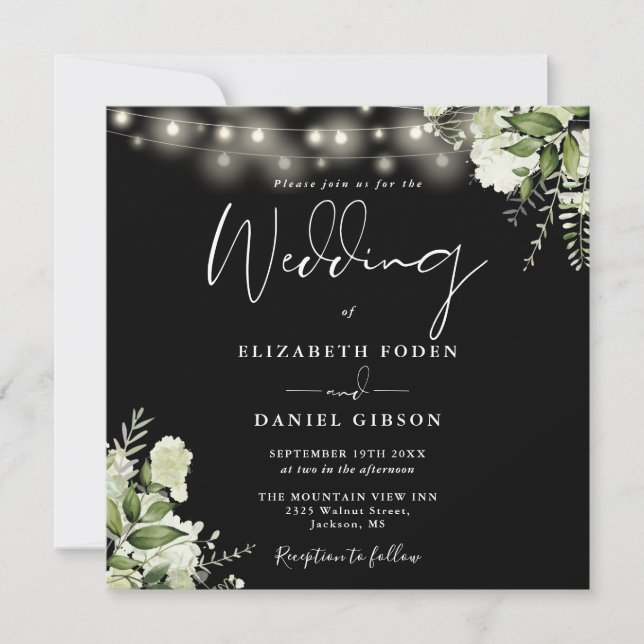 Black And White String Lights Floral Photo Wedding Invitation (Front)