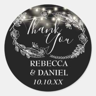 Black And White String Lights Floral Thank You Classic Round Sticker