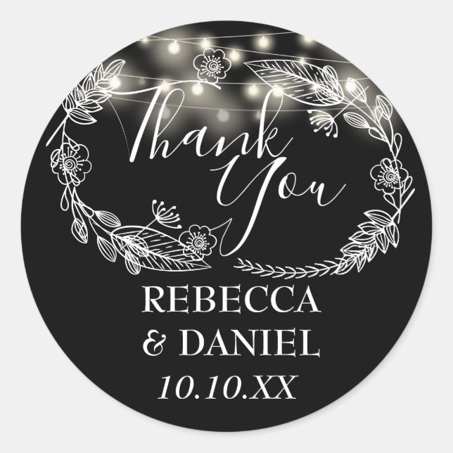 Black And White String Lights Floral Thank You Classic Round Sticker (Front)