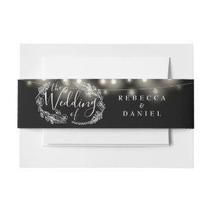 Black And White String Lights Floral Wedding Invitation Belly Band