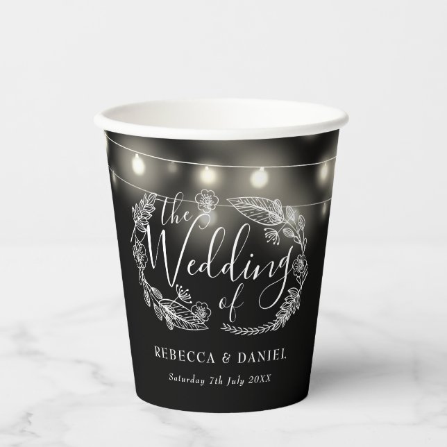 Black And White String Lights Floral Wedding Paper Cups (Front)