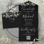 Black And White String Lights QR Code Wedding  All In One Invitation<br><div class="desc">All in one wedding invitation with pretty string lights,  signature style names and chic typography on a black background. The invitation includes a perforated RSVP card featuring a QR code. Designed by Thisisnotme©</div>