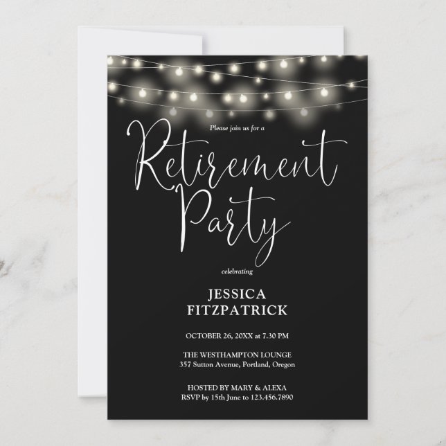 Black And White String Lights Retirement Party Invitation (Front)